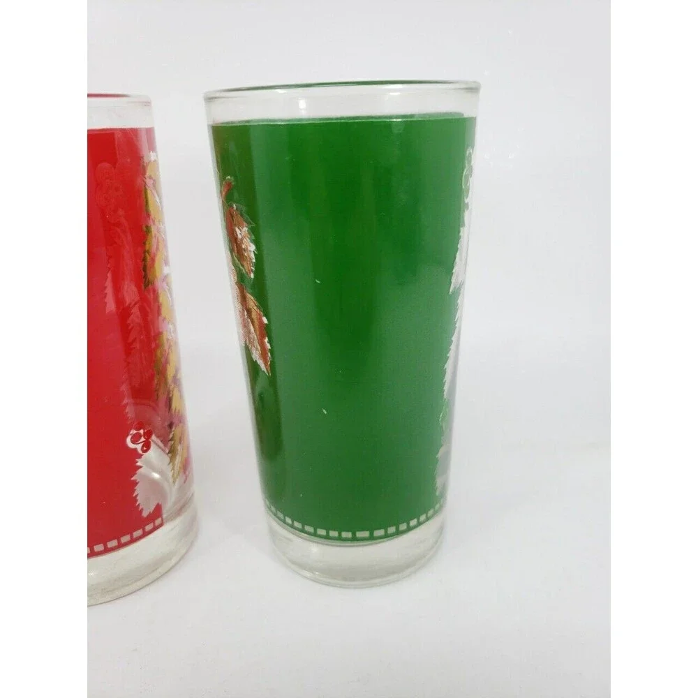 Vintage Libbey Grape Leaf Design Glasses Red Green Gold Christmas 12 oz MCM USA